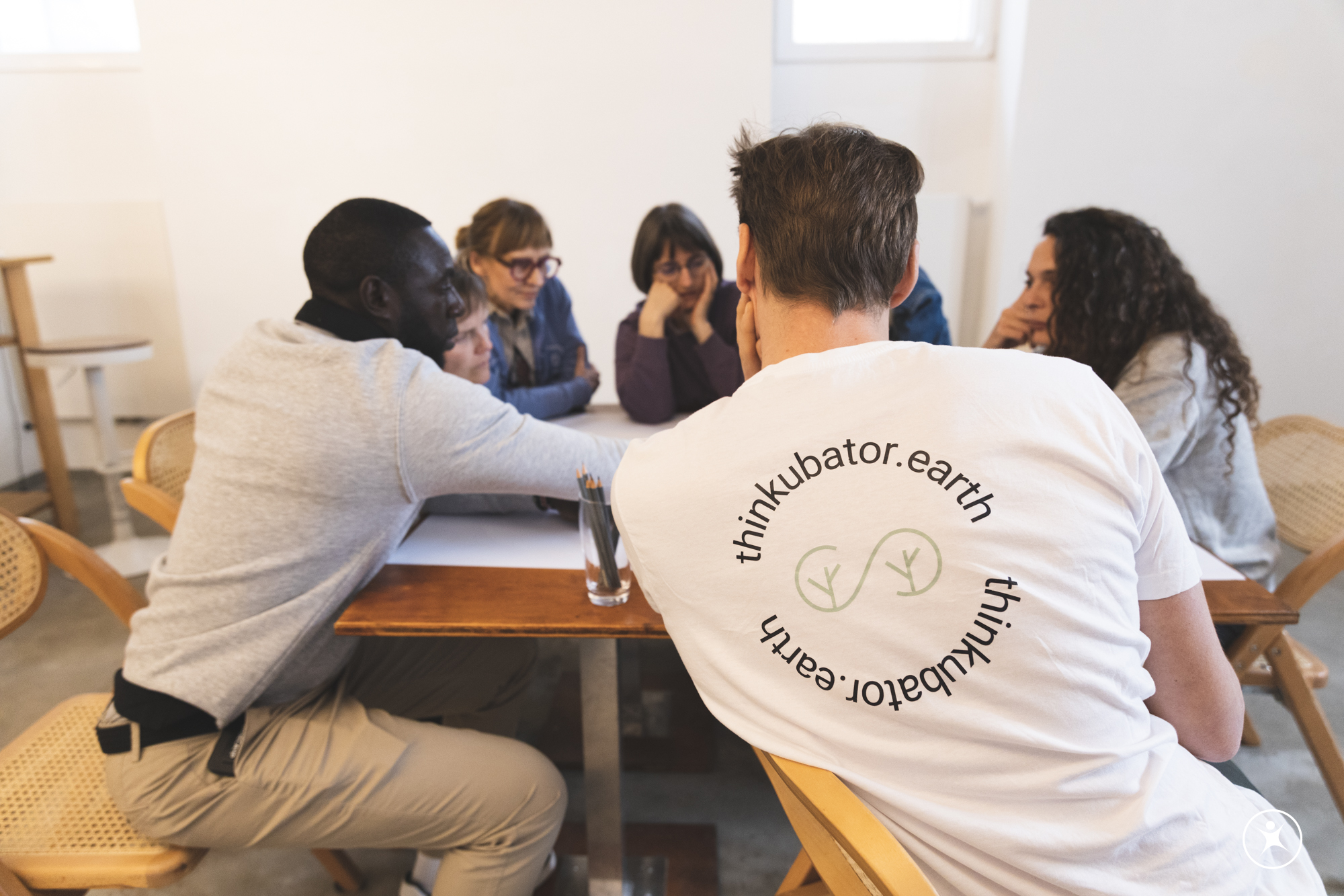 Group in discussion around a table at a Thinkubator workshop