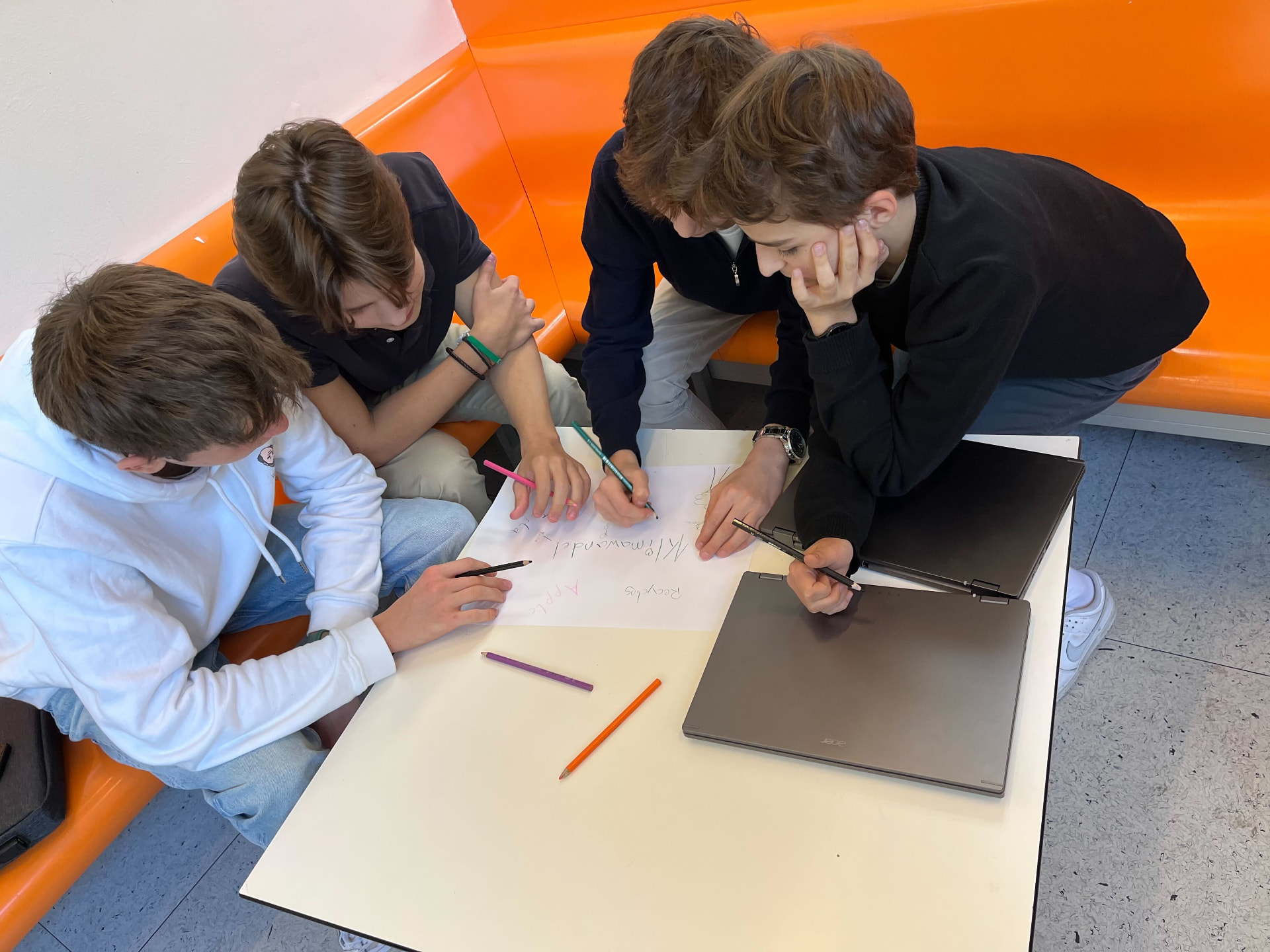 Schüler:innen arbeiten gemeinsam an einem Plakat zum Thema Klimawandel