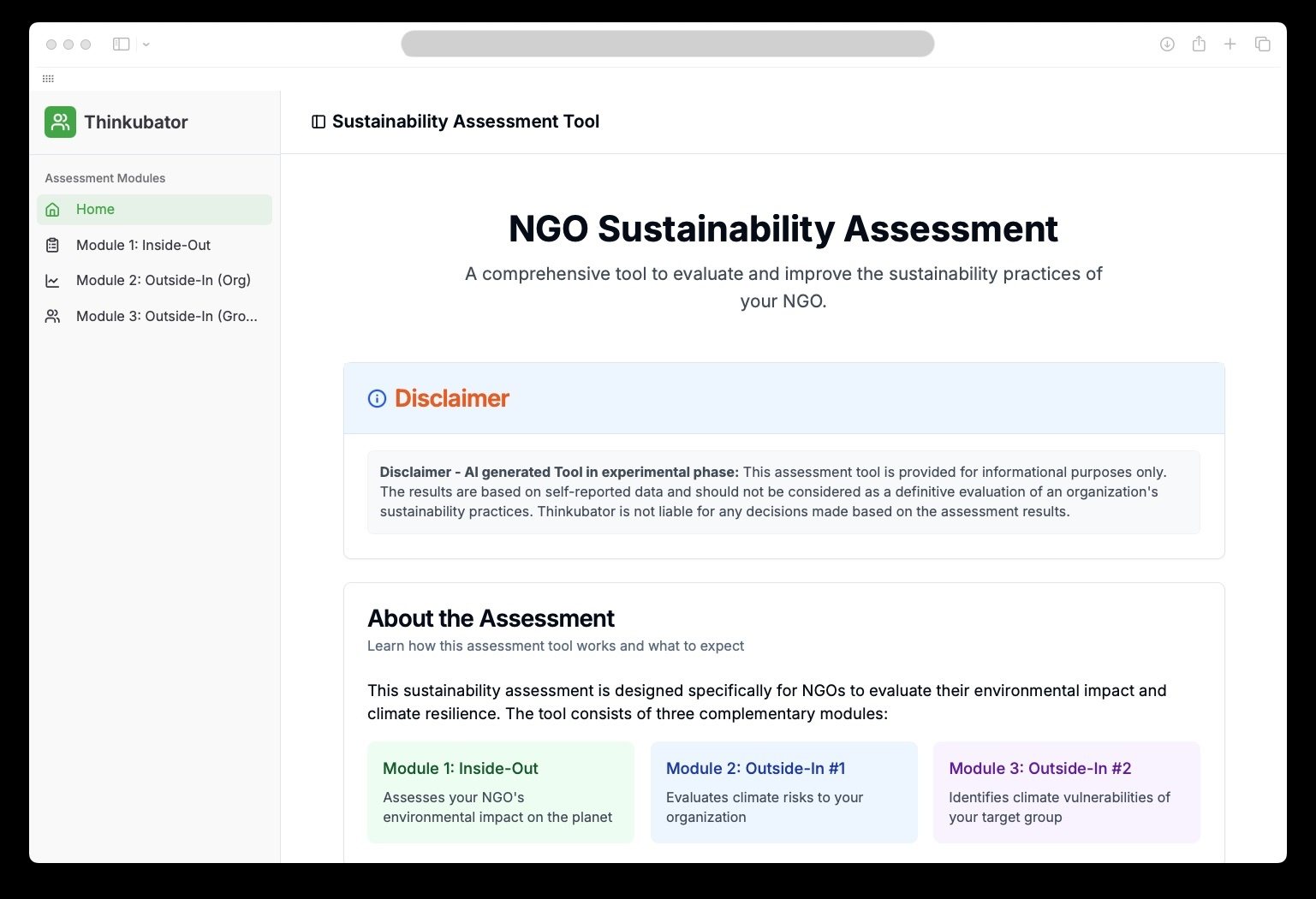NGO Sustainability Assessment Software Screenshot